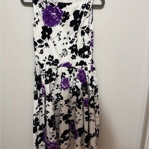 Floral Sleeveless Fit-and-Flare Dress in White, Black & Purple